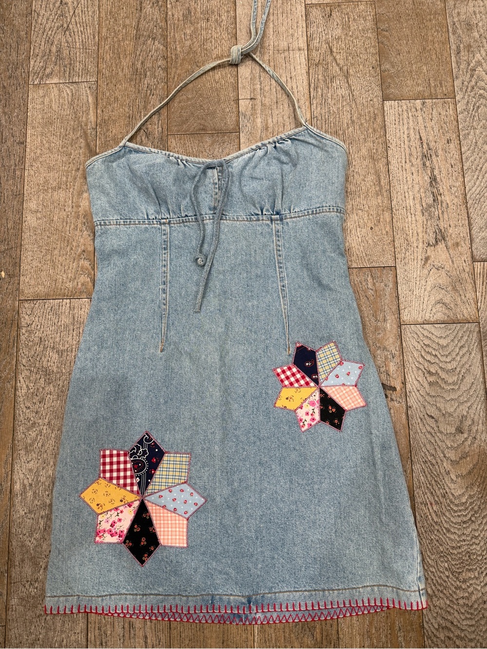 Vintage ABS Allen Schwartz Patchwork Denim Dress Halter Cowgirl Western Y2K 12